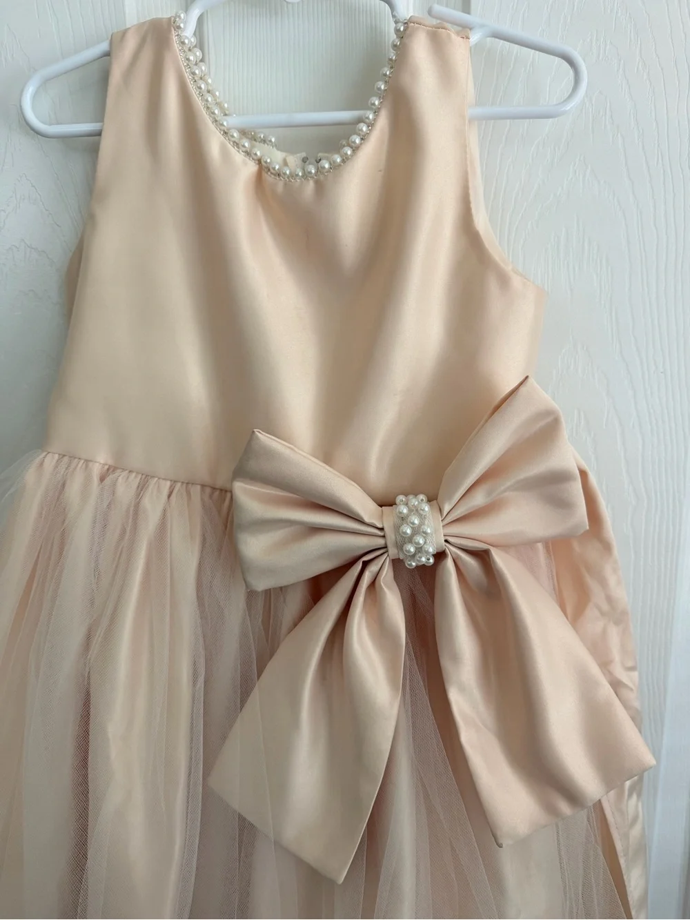 Girls' Pearl-Trim Peach Bow Tulle Dress